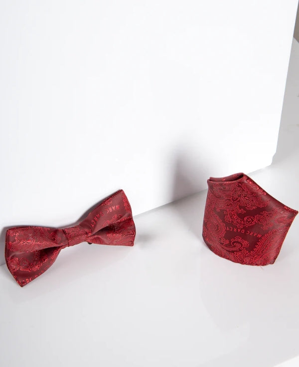 Marc Darcy Gentlemen's Set Red Paisley Bow Tie with Pocket Square