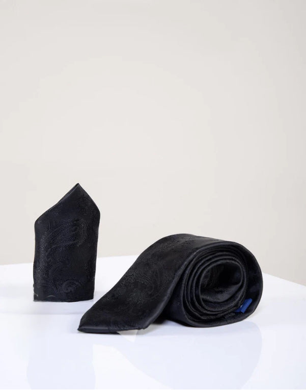 Gentlemens set Black Paisley tie with pocket square | Marc Darcy