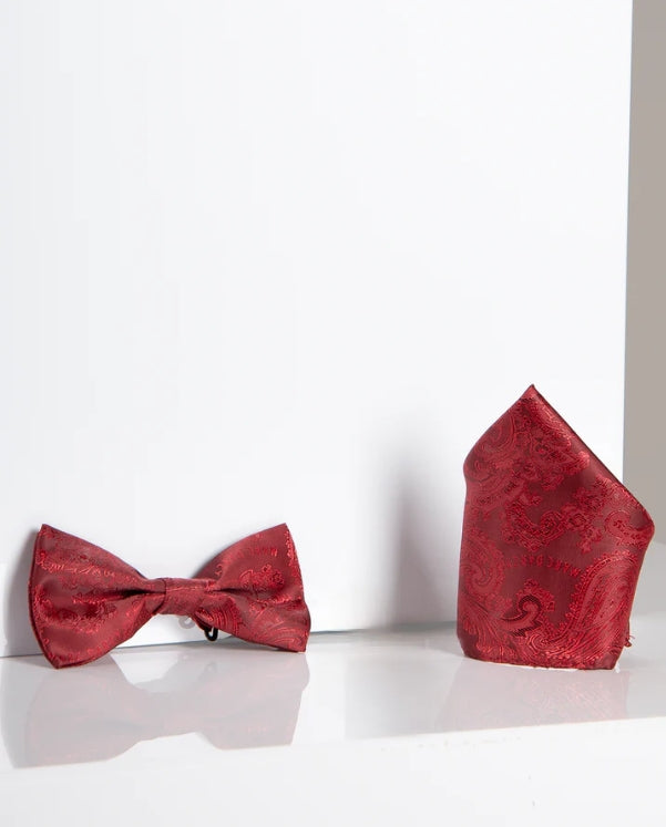 Marc Darcy Gentlemen's Set Red Paisley Bow Tie with Pocket Square