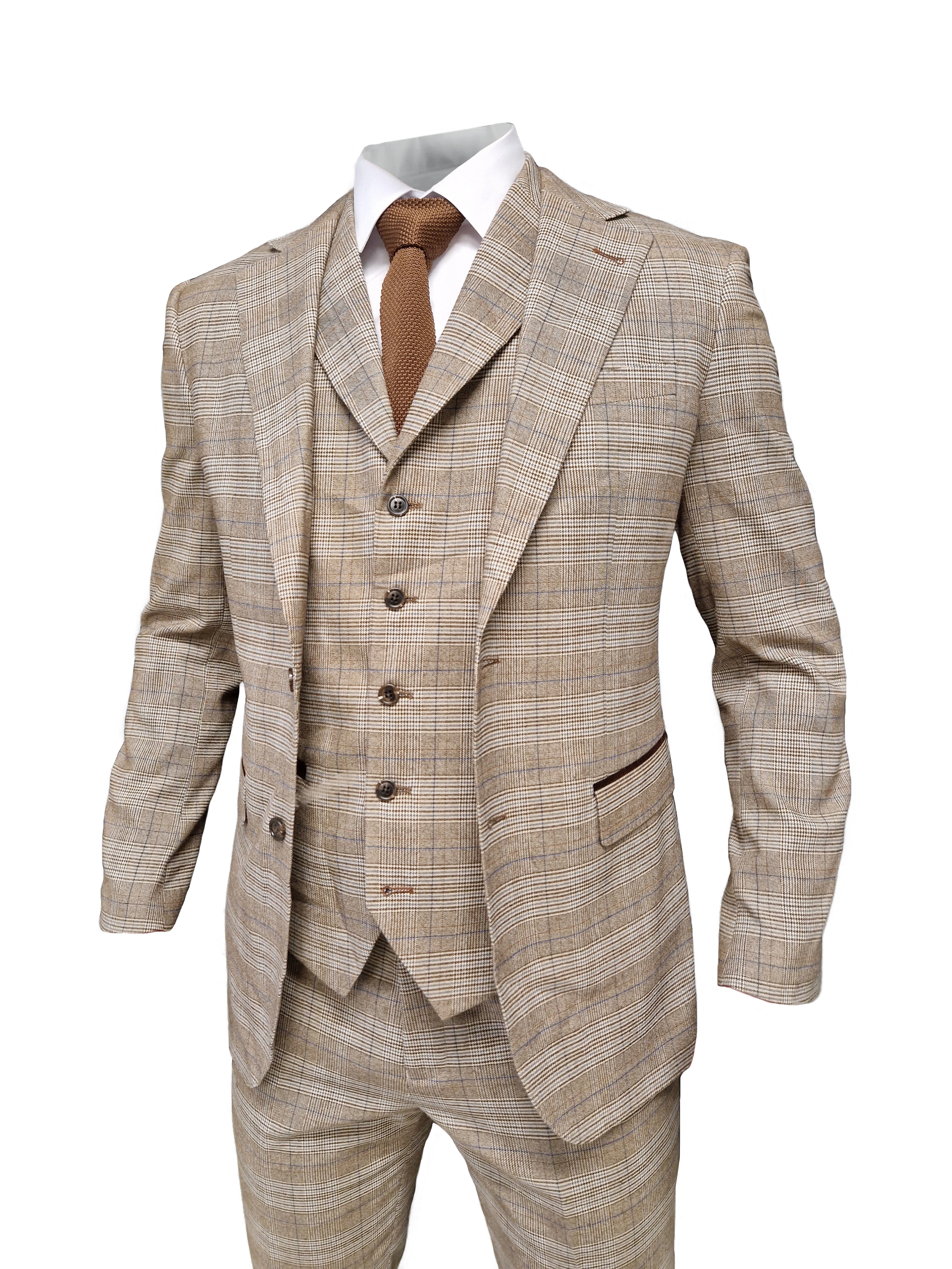 TAVERNY Captain - Men's Three-Piece Checkered Suit in Beige