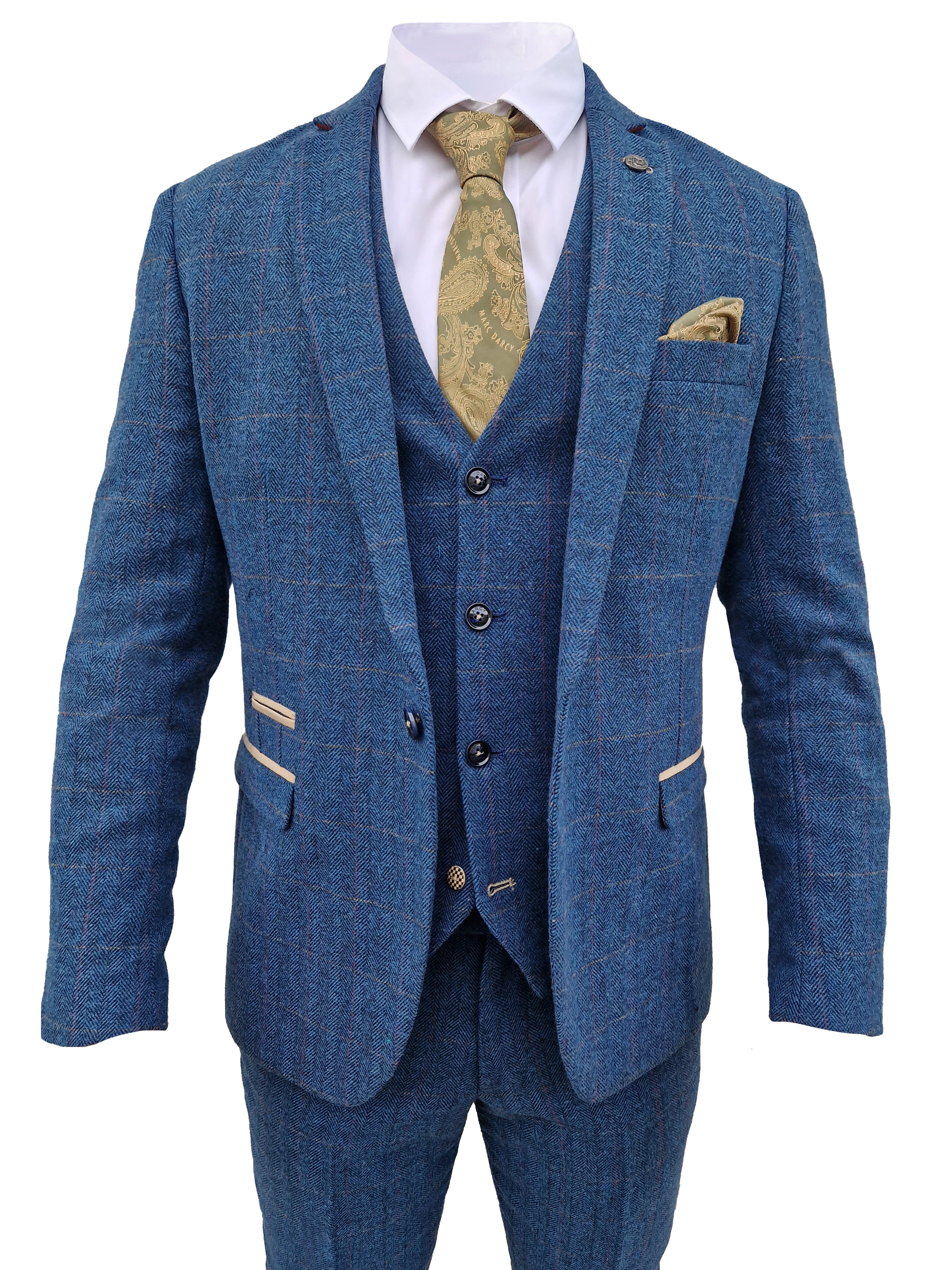 Men's suit three piece Dion blue herringbone