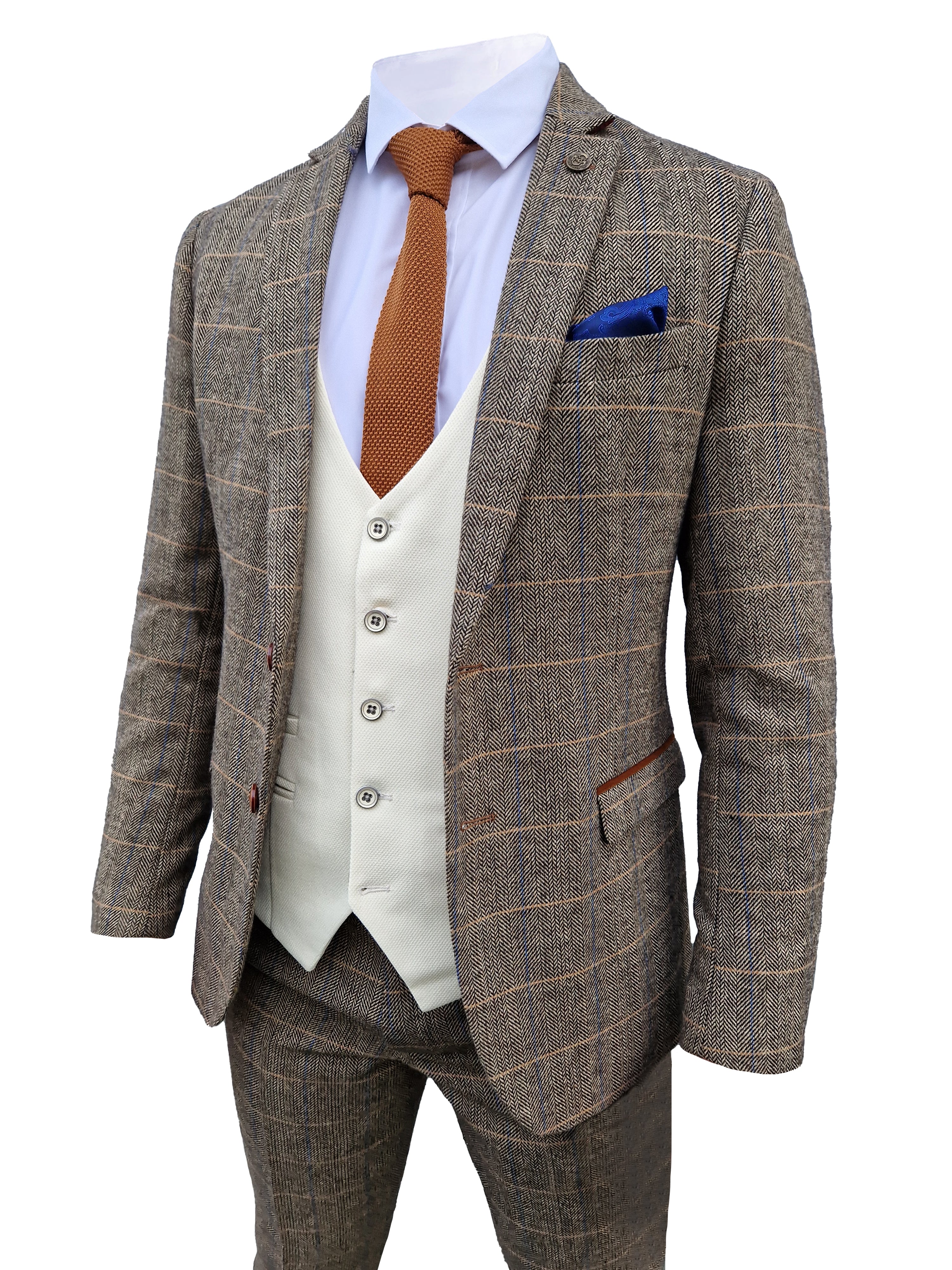 Mix and match - 3-piece Men's Suit Herringbone Brown/Cream
