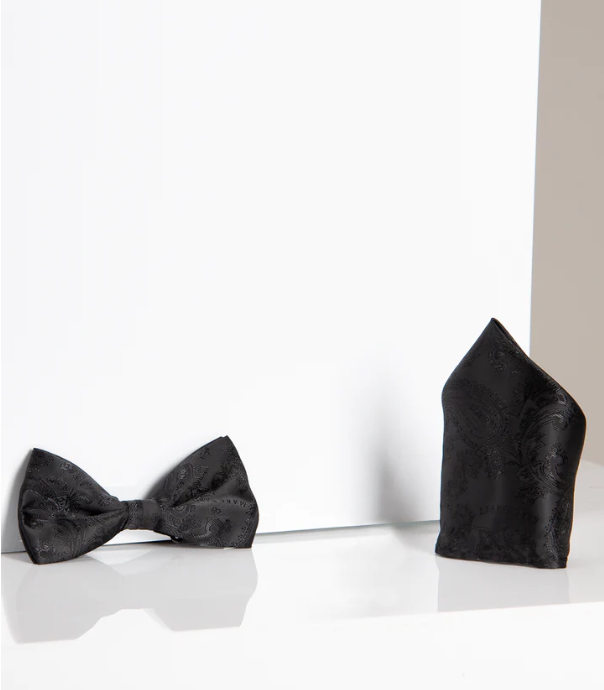Marc Darcy Gentlemen's Set Black Paisley Bow Tie with Pocket Square