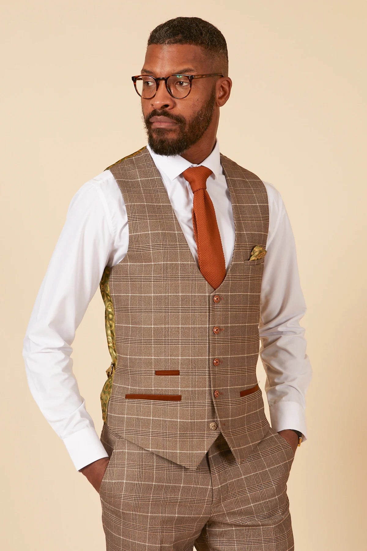 3-Piece Suit - Beige Men's Checkered Suit - Marc Darcy Ray Tan Suit