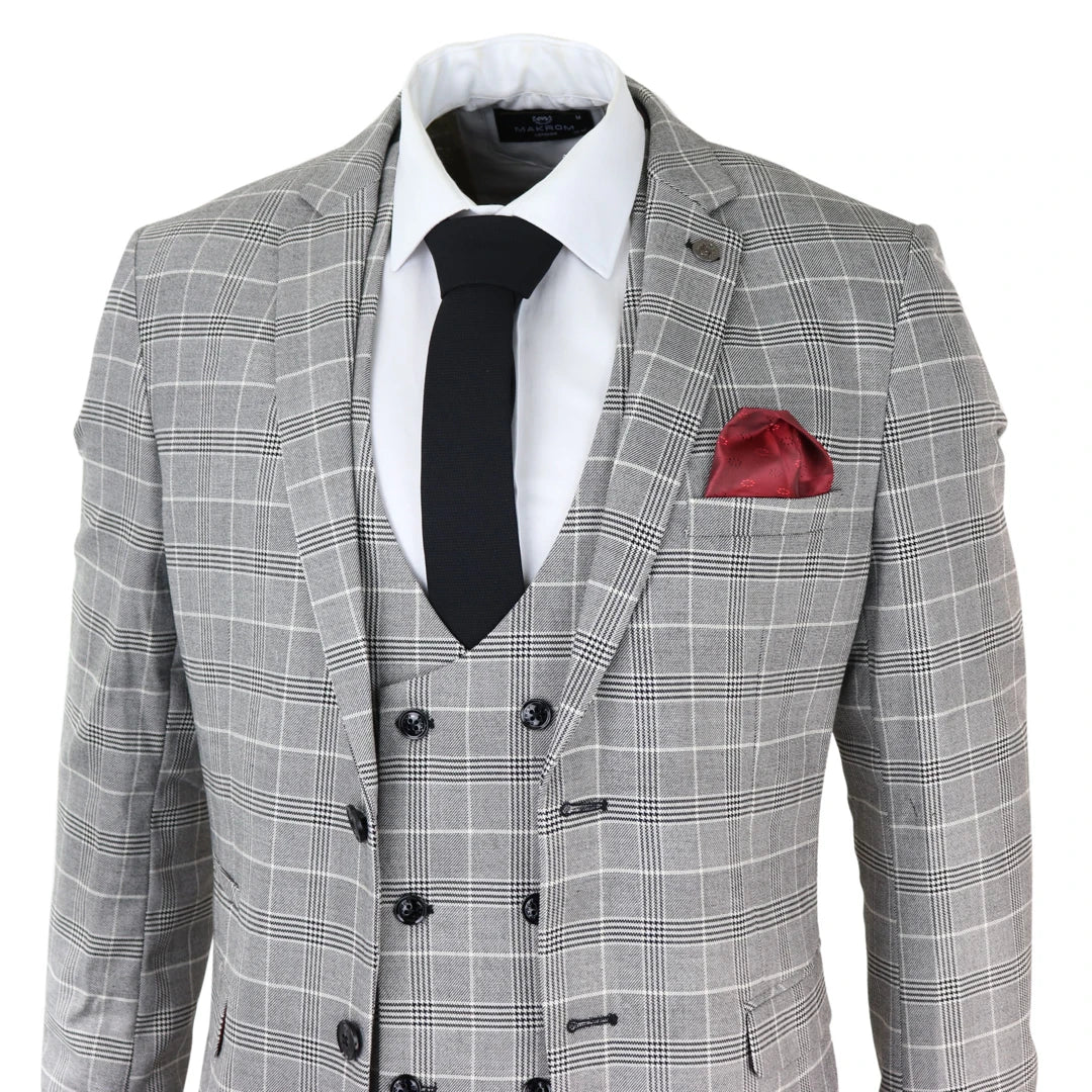 3-Piece Checked Men's Suit - Ross Grey Check