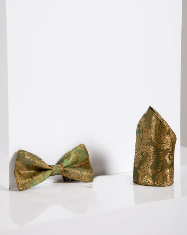 Gentlemens Set Tan Paisley Bow Tie with Pocket Square | Marc Darcy