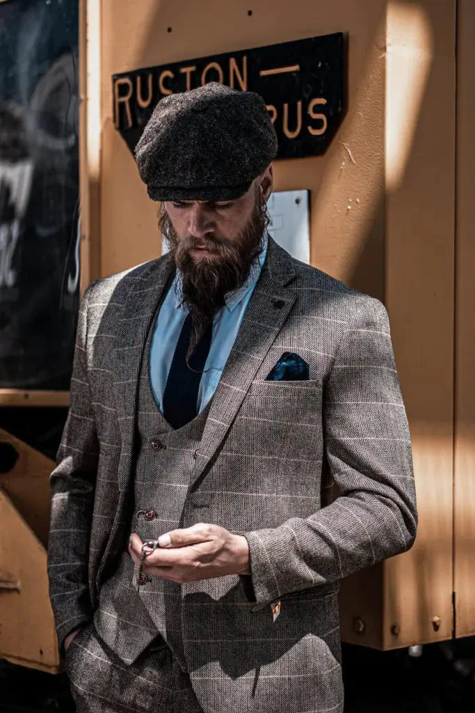 3-Piece Suit Double Breasted, Herringbone Brown Classic