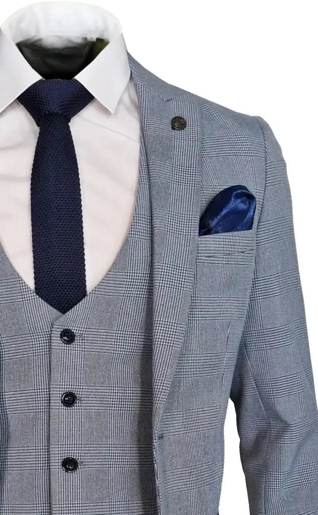 3-Piece Light Blue Men's Checkered Suit - Bromley Sky Suit