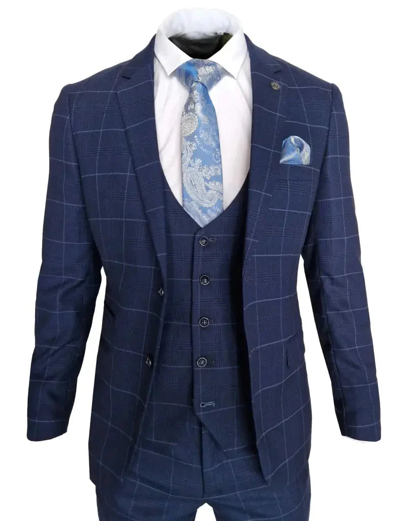 Navy Blue Men's Suit - 3-Piece Checkered Costume - Edison Navy
