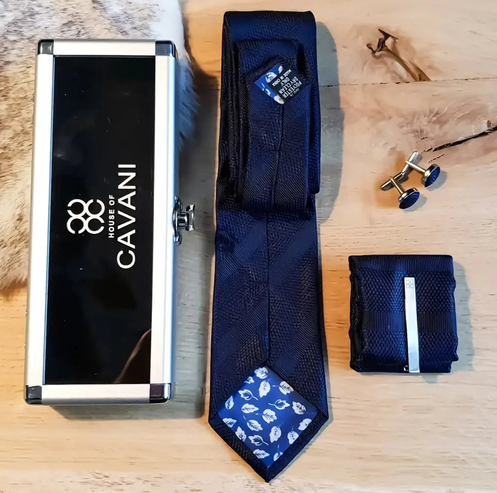 Cavani gentlemens set navy blue stropdas hankie clip